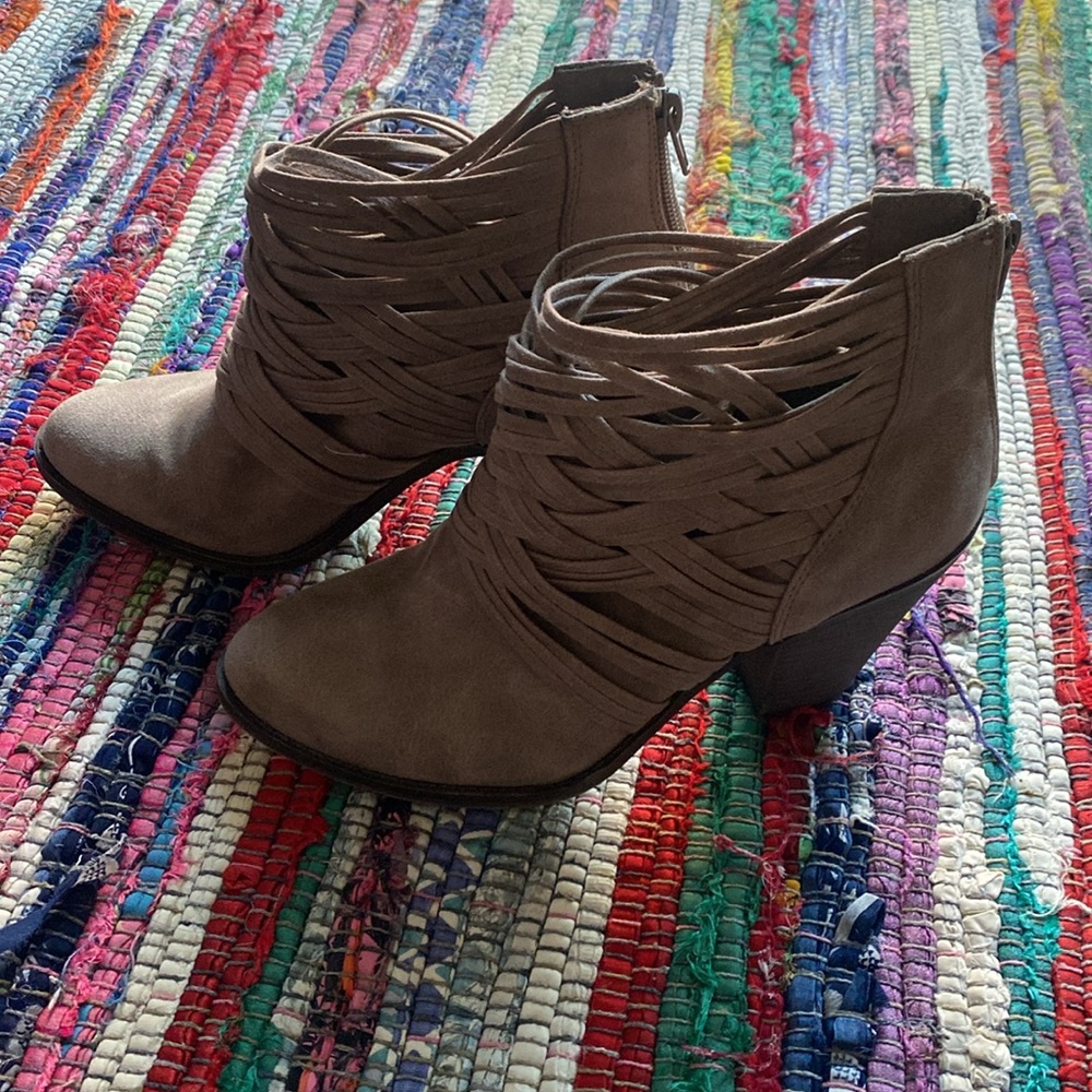 Light brown ankle booties, low heel.